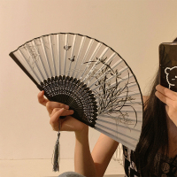 [补贴10%]中国风折叠小扇子随身携带古风汉服马面裙舞蹈新中式夏天黑色竹扇 水墨兰花