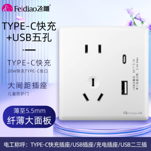 飞雕(FEIDIAO)超薄大板 开关插座格韵系列86型带开关插座面板墙壁电源插座 格韵优雅白USB五孔+TYPE-C快充