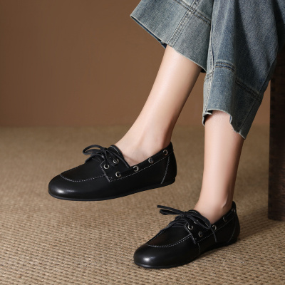 头层牛皮单鞋女2026春季新款圆头系带复古平底软底百搭真皮休闲鞋