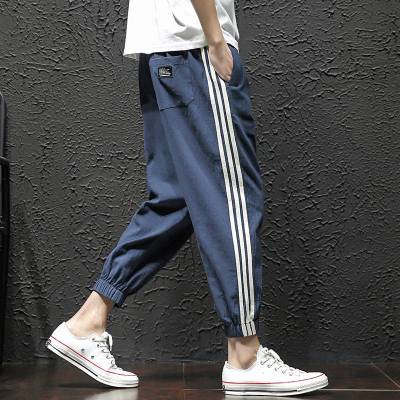 2020新款休闲裤男夏季潮束脚裤韩版潮流宽松卫裤条纹工装运动裤威珺