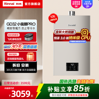 林内(Rinnai)小蛮腰PRO系列 13升燃气热水器 13GD32恒温天然气强排家用gd31防冻防风