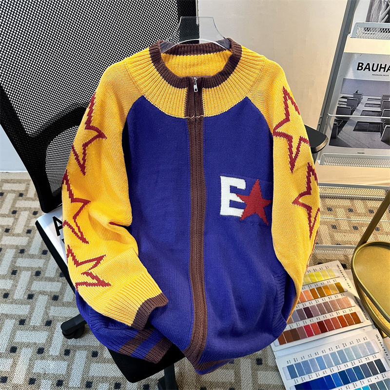 毛衣男撞色开衫春秋季美式潮牌休闲针织上衣宽松潮牌立领情侣外套