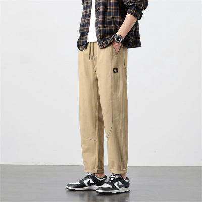 肌理感透气休闲裤男卡其色抽绳直筒裤小标装饰春夏通勤休闲长裤