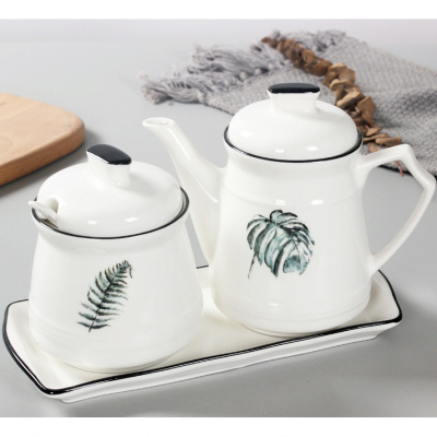 北欧陶瓷调味套装厨房油盐罐家用调料盒油瓶组合味精辣椒油罐醋壶 敬平 [绿叶D]壶+罐+托盘+勺—送标签贴调味罐