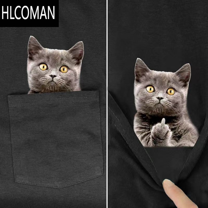 HLCOMAN口袋猫咪-短袖男2024夏季新款宽松百搭情侣装半袖上衣印花T恤