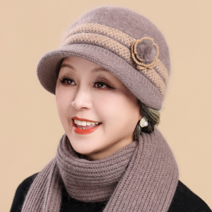 啄木鸟中老年人帽子妈妈奶奶冬天加厚兔毛盆帽加绒保暖针织毛线帽