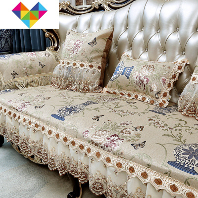 欧式沙发垫套罩四季通用防滑贵妃123组合轻美式真皮坐垫蝶恋花-米咖30*50cm腰枕含芯御蓝锦
