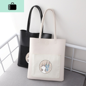 小猫印花大包包2020新款女生校园单肩包PU软皮托特包ins手提包女NEW LAKE女士单肩包