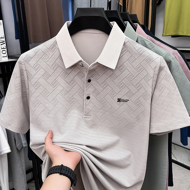 2026夏季新款男士翻领polo衫提花格纹透气速干简约休闲短袖男T恤