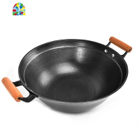 双耳铸铁锅炒菜生铁大老式铁锅圆底无涂层加厚加深燃气灶家用 FENGHOU 木耳口径40cm深12cm+杉木盖炒锅