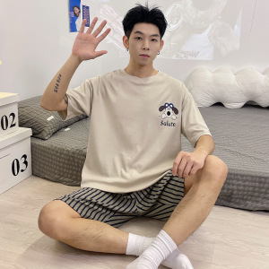 男士睡衣夏季仿棉短袖韩版卡通青少年休闲宽松外穿短裤家居服套装
