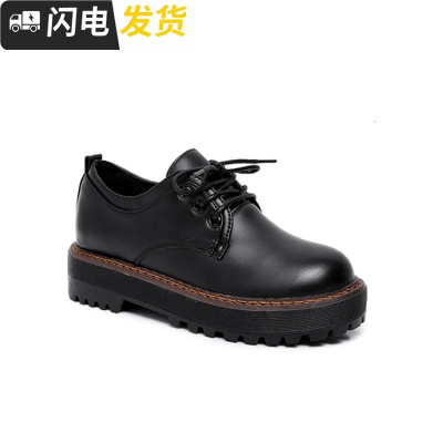 2018冬季新款韩版厚底小皮鞋加绒圆头英伦学院风百搭学生系带女鞋启如休闲鞋休闲鞋