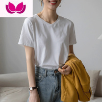 七斓V领短袖t恤女宽松百搭体恤2023夏新款显瘦打底衫小众白色上衣
