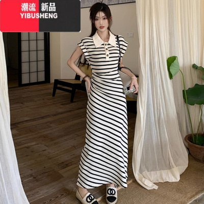 YIBUSHENG复古港风polo领条纹小飞袖连衣裙女季收腰显瘦中长款A字长裙子