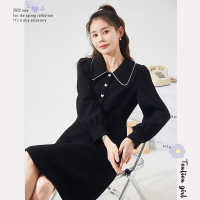 [2.5折价104元]唐狮黑色连衣裙春季新款女装肌理面料小黑裙长袖收腰显瘦裙子