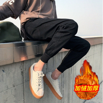 珂卡慕(KEKAMU)春夏季男士束脚裤小脚哈伦休闲裤九分牛仔长裤子修身学生ins韩版K116加绒加厚黑色M