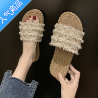 SUNTEK2022夏新款凉鞋仙女风时尚百搭网红珍珠学生平底ins潮一字女拖鞋