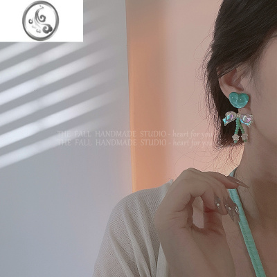 JiMi(买二送一)薄荷之夏原创串珠水晶蝴蝶结花朵耳环 长款显瘦耳夹