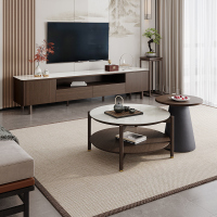 全友家居新中式橡胶木实木脚钢化玻璃台面客厅高圆茶几矮圆茶几高低错落半开放式分区储物电视柜家具