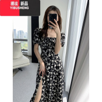YIBUSHENG复古碎花连衣裙装新款法式气质高级感方领泡泡袖收腰开衩中长裙