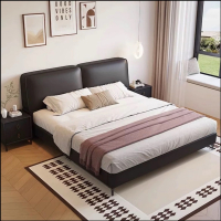 头层牛皮实木床主卧次卧双人大床实木真皮极简婚床