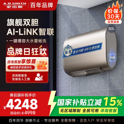 史密斯80升电热水器 家用 双胆扁桶 纤薄黑科技 大屏触控 双擎速热 E80HGDWi一级能效 储水式
