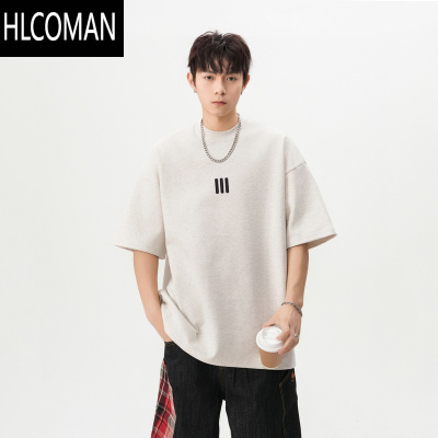 HLCOMANFOFWMODE 2025夏季美式三条杠刺绣宽松短袖T恤男潮牌宽松百搭半袖