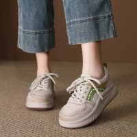 头层牛皮板鞋女2026春季新款厚底圆头时尚系带百搭增高运动休闲鞋