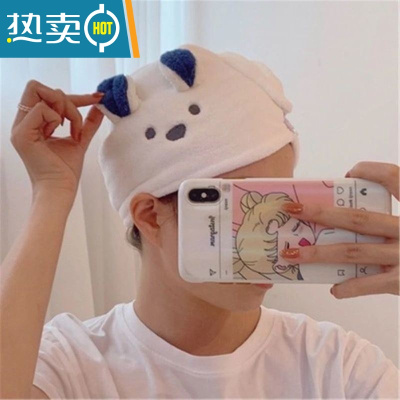 敬平干发帽2021新款网红女童头巾女包头吸水韩国兔耳朵可爱熊擦头加厚 白色小熊干发帽加厚