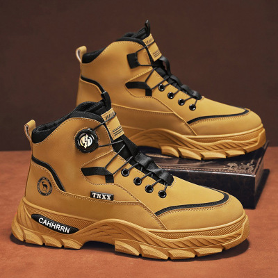 马丁靴男鞋秋冬新款旋转纽扣厚底工装靴高帮潮鞋百搭增高大靴