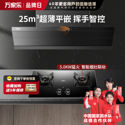 万家乐 25m³超薄平嵌 免拆洗油烟机 X3R1+KV063B 25立方大吸力烟灶联动家用吸油烟机 家用灶具两件套