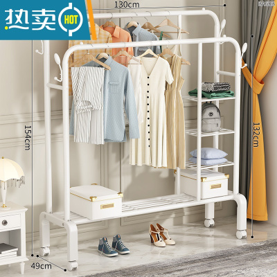 敬平简易晾衣架落地卧室家用阳台挂衣架室内折叠收纳衣帽凉晒衣服杆子 ⭐135-双杆-白+多层分类置物+衣帽钩配轮子 中