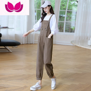 七斓黑色牛仔背带裤套装女2022秋季新款小个子时尚洋气宽松工装套