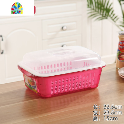 双层带盖水果篮长方形洗菜盆菜篮子家用厨房保洁篮水果盘 FENGHOU 大号茶色洗菜篮洗菜篮