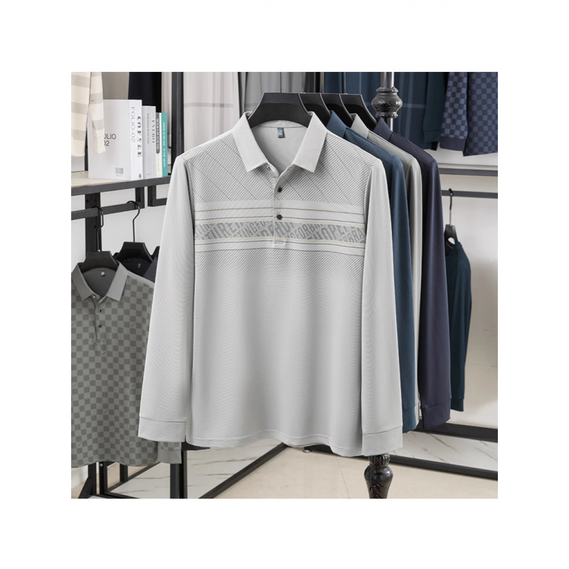 秋季新款Polo衫印花宽松中年男士长袖翻领T恤衫条纹衬衫领爸爸装