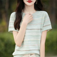 夏季新款圆领棉线针织衫短袖女气质彩色修身T恤套头条纹上衣