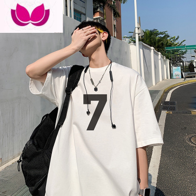 七斓国潮短袖男美式vibe小众高街数字T恤oversize小领口半袖夏季