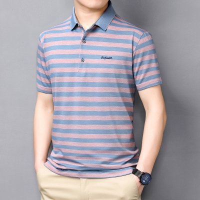 马克劲霸男装旗舰店t恤2021夏季新款男士宽松翻领条纹商务休闲爸爸装POLO衫B373-2114