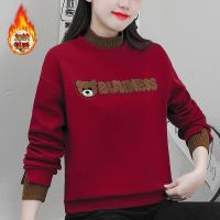 加绒加厚卫衣女2023年秋冬新款圆领宽松上衣小熊刺绣设计感显减龄