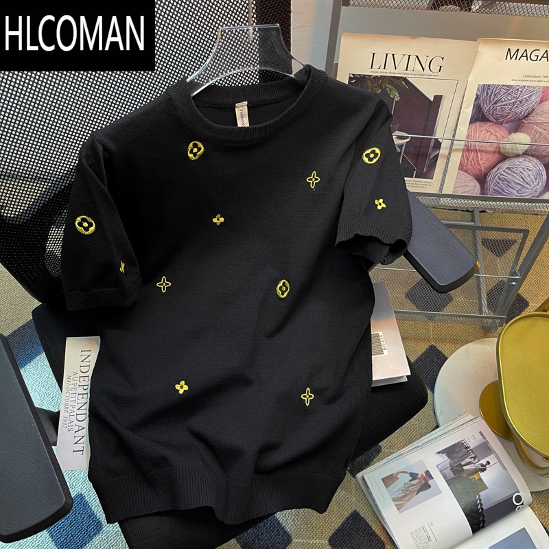 HLCOMAN高街刺绣针织T恤男士短袖夏季痞帅休闲半截袖bf潮牌宽松圆领体恤