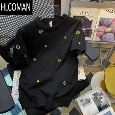 HLCOMAN高街刺绣针织T恤男士短袖夏季痞帅休闲半截袖bf潮牌宽松圆领体恤