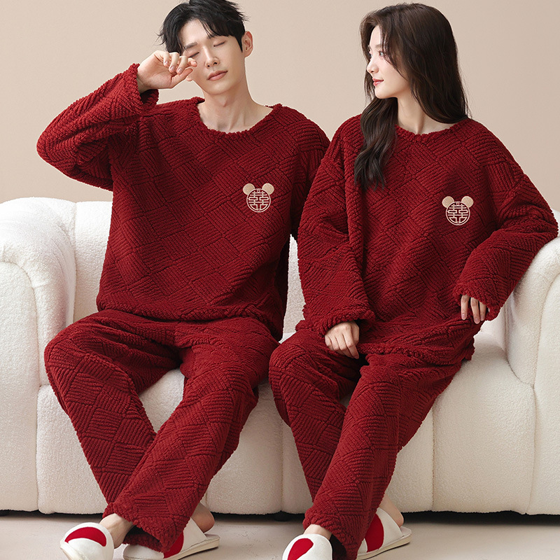 情侣睡衣秋冬季珊瑚绒本命年喜庆结婚大红色一男士一女家居服套装