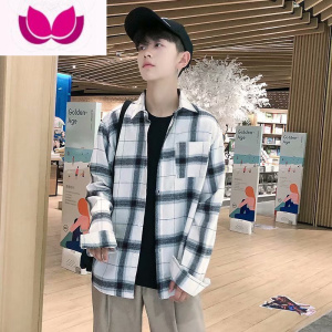 七斓2021夏季薄款港风宽松格子衬衫男士青年长袖衬衣潮流韩版休闲寸衫