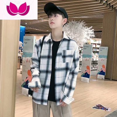 七斓2021夏季薄款港风宽松格子衬衫男士青年长袖衬衣潮流韩版休闲寸衫
