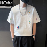 HLCOMAN印花2025新款衣服T恤男ins潮牌白色半袖男装创意百搭圆领短袖上衣