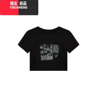 YIBUSHENG辣妹正肩短袖T恤女复古小众黑色打底衫季修身别致短款露脐上衣