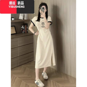 YIBUSHENG宽松休闲气质T恤裙季2024新款设计感小众拼色开叉连衣裙ins