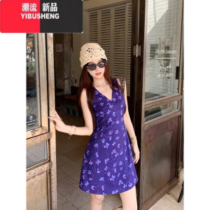 YIBUSHENG法式V领碎花无袖背心连衣裙女季新款度假风显瘦小众辣妹短裙潮