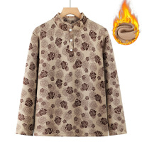 印花款女装中老年妈妈装打底衫时尚半开领加绒保暖上衣中年人小衫