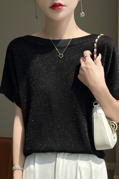 一字领亮丝短袖上衣女夏装薄款时尚24宽松显瘦T恤打底冰丝针织衫_1